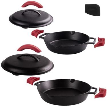 Imagem de Cuisinel Frigideira de ferro fundido + conjunto de tampa de ferro fundido - 25 + frigideiras de cabo duplo de 30 cm + raspador de panela + capas de alça de silicone - pré-temperadas para uso interno