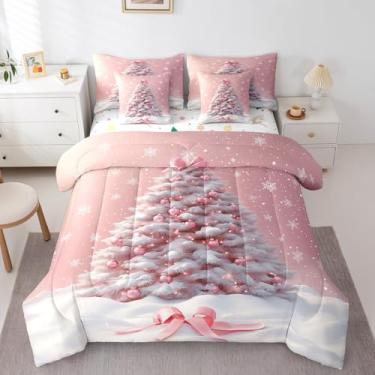 Imagem de Erosebridal Conjunto de edredom solteiro de árvore de Natal rosa para meninas, 7 peças, com tema de Natal, rosa e branco em uma bolsa, conjunto de lençol de cama com laço de princesa sonhadora, flocos