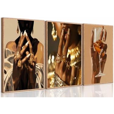 Imagem de 3 peças de arte de parede em tela de mulher afrocêntrica afrocêntrica grelhando imagens de melanina decoração de parede vinho tendência bar carrinho impressão arte para mulher quarto menina quarto