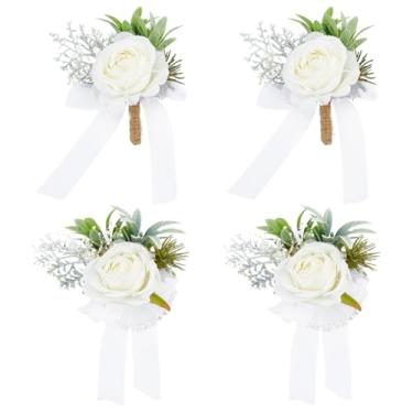 Imagem de PH PandaHall Conjunto de 2 conjuntos de corpete e flor na lapela rosa e pulseira masculina de flor na lapela para noiva, noivo, dama de honra, festa de casamento, baile, decoração de terno, branco