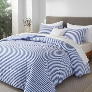 Imagem de mixinni Conjunto de edredom listrado tamanho casal - Conjunto de cama com estampa de listras azuis para todas as estações, conjunto de cama leve de 3 peças para todas as estações (1 edredom macio e