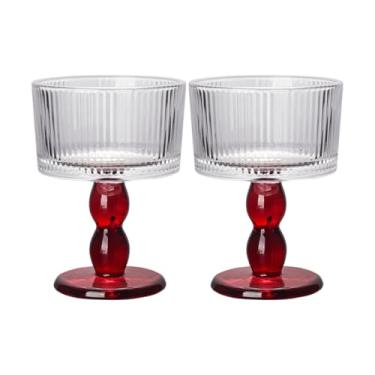 Imagem de Boxonly Taça de vidro listrada vermelha - Vidro retrô sem chumbo feito à mão de 200 ml com design texturizado, haste vermelha, ótimo para vinho, champanhe e jantares românticos