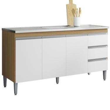 Imagem de Balcão Pia Sem Tampo 3 Portas 3 Gavetas 155 Cm Andreia Amendoa Branco Reajl Moveis