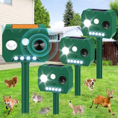 Imagem de Repelente solar ultrassônico de animais ao ar livre, pacote com 4 dispositivos repelentes de cervos ao ar livre com sensor de movimento PIR e flash LED, repelente de esquilos à prova d'água, gato