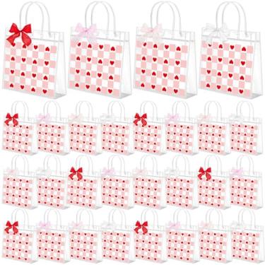Imagem de Tinlade 24 peças de saco de presente transparente com alças laços de plástico PVC lembrancinhas de festa para presente de aniversário, 19 x 19 x 8 cm (xadrez, rosa e vermelho)
