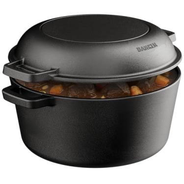 Imagem de Bakken Panela de forno holandês 2 em 1 de ferro fundido com tampa de frigideira, forno holandês pré-temperado de 5 litros para assar pão, assar e cozinhar fogueira, uso interno e externo resistente