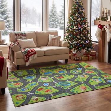 Imagem de Merelax Tapete de carro infantil 10 x 15 cm, verde e cinza, para sala de estar, sala de jogos, sala de aula, quarto, tapete lavável, tapete educativo para crianças de 3 a 12 anos