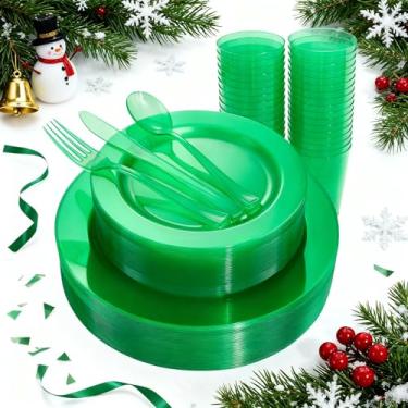 Imagem de COLOSUS 36 pratos de plástico descartáveis verdes com talheres e copo de plástico verde incluem 36 pratos de jantar, 36 pratos de salada, 36 garfos, 36 facas, 36 colheres, 36 copos para festas