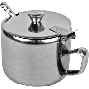 Imagem de Açucareiro em Aço Inox com Colher, 220ml, Base em Vidro, 8cm x 7cm, Acabamento Polido, para Servir Bebidas e Sobremesas