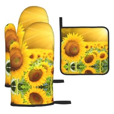 Imagem de Girassol – Conjunto de cozinha essencial com 3 peças, luvas seguras para calor e aderência de tampa, proteção para churrasco no forno, design de armazenamento suspenso.