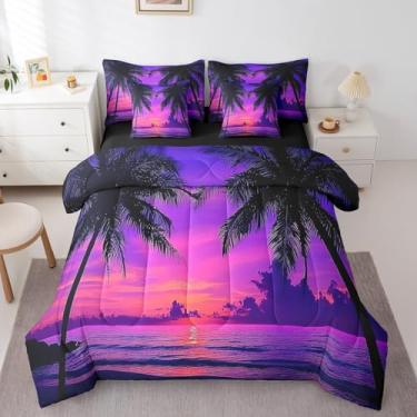 Imagem de jejeloiu Conjunto de edredom de praia havaiana roxo com 7 peças, para crianças, com estampa de palmeira, para meninos, meninas, mar, oceano, onda, verão, litoral, paisagem natural, decoração de quarto