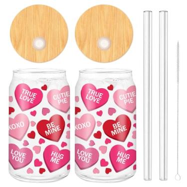 Imagem de Whaline Pacote com 2 copos para beber Dia dos Namorados, copo de vidro, vermelho, rosa, conversa, coração, gelado, canudo, para coquetel, uísque, cerveja, refrigerante, 473 ml