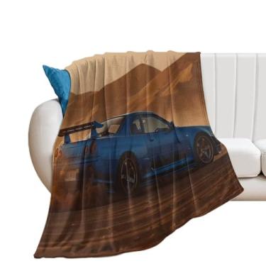 Imagem de Cobertor super macio de flanela leve para sofá-cama, cadeira, sofá, carro, viagem ao ar livre, leve, azul quente, carro esportivo no deserto, carro JDM R34 178 x 203 cm