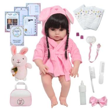 Imagem de Boneca Bebê Reborn Realista Roupão Coelhinho Com Bolsa - Cegonha Rebor