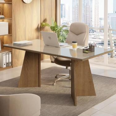 Imagem de Mesa para Escritório Diretor Presidente 180cm Tampo de Vidro Rustic/crema 5388 Madesa