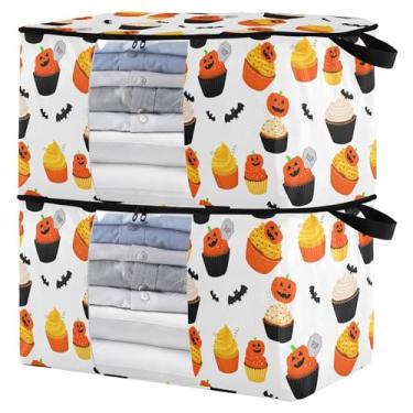 Imagem de Burbuja Bolsa de armazenamento de roupas para cupcakes de Halloween com tampas e alça, embalagem com 2 recipientes de armazenamento dobráveis com zíper resistente e janela transparente para armário de
