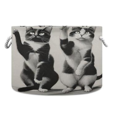 Imagem de Burbuja Cesta redonda de armazenamento para gatos pretos e brancos com alças de corda de algodão, cesto de roupa suja para cobertores, brinquedos, berçário, decoração de sala de estar
