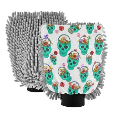 Imagem de STAYTOP Luvas de lavagem de carro de caveira fofas, 2 peças, luvas de microfibra de chenille, sem arranhões, panos de esponja de lavagem ultra absorventes para carros, limpeza doméstica - M