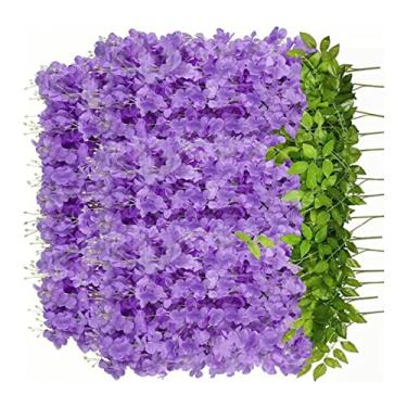 Imagem de Sanpyl Flor de Glicínia Artificial de Teto Seda Premium Decoração de Seis Folhas para Casa de Casamento, Aplicável para Balanço de Espelho de Parede, 14 Peças de Flores de Seda Azul Roxa