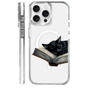 Imagem de MQJCYB Capa magnética para iPhone 15 Pro Max Design em base transparente, compatível com MagSafe, capa protetora fina de TPU macio para telefone feminino e meninas - preto gato livro amante estrelas