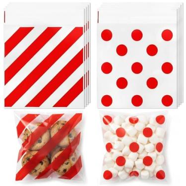 Imagem de 100 sacos de celofane 5,5 x 5,5 sacos de biscoito autovedantes (listras vermelhas)