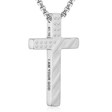 Imagem de RWQIAN Colar de cruz com bandeira americana para homens, corrente masculina com pingente de cruz e versículo da Bíblia de aço inoxidável, colar de crucifixo para cristãos, adolescentes, batismo