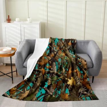 Imagem de Erosebridal Cobertor de flanela camuflado azul-petróleo 127 x 152 cm cobertor rústico de lã de fazenda camuflagem de caça para quarto sala de estar floresta chalé cabana decoração de quarto de campo