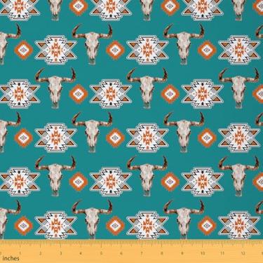 Imagem de Erosebridal Tecido tribal asteca da Yard Steer Skull Vintage étnico estofado para cadeiras | Símbolo misterioso geométrico DIY arte material vintage padrão boêmio do sudoeste, 1 jarda