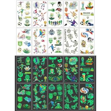 Imagem de Adesivos de tatuagens de futebol que brilham no escuro – pacote com 10 tatuagens temporárias de pele para lembrancinhas de festa de futebol, diversão de dia de jogo