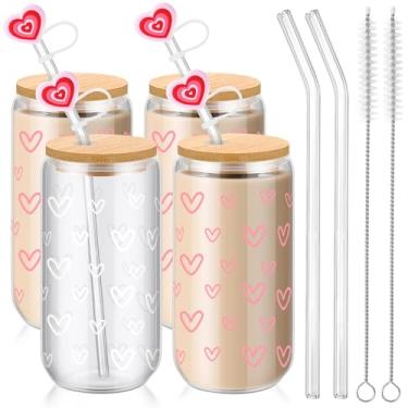 Imagem de Skylety 4 peças de copos de vidro de Dia dos Namorados 473 ml copos que mudam de cor com tampas e canudos, presentes de Dia dos Namorados para ele e ela, copo de café gelado de casamento com decoração
