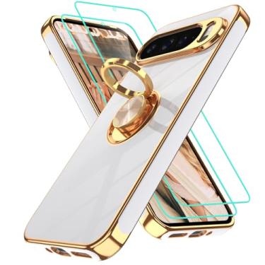 Imagem de Gritup Capa para Google Pixel 9 Pro XL: 2 peças protetoras de tela | Suporte magnético de rotação de 360° | Capa protetora básica de TPU macio com borda dourada revestida para Pixel 9 Pro XL branca
