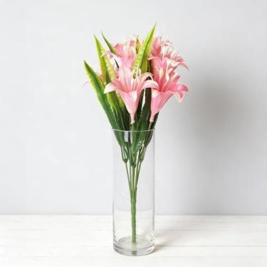Imagem de 1 buquê de decoração de lírio artificial, 7 cabeças, flores de lírio falsas, decoração de jardim, rosa, 33 cm