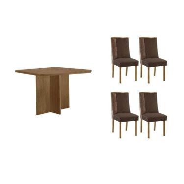 Imagem de Sala Jantar Mesa Berlim Tampo Curvo 90cm+4 Cadeiras Tilia Madeira Naturale - Capuccino/Suede Marrom - Rufato