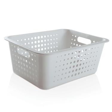 Imagem de Cesta Organizadora Retangular Branca 14,5L em Polipropileno Resistente com Pegas Laterais Empilhável para Casa e Escritório