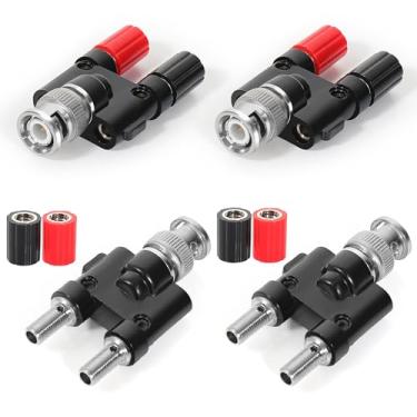 Imagem de BNC macho para 2 × 4 mm soquete fêmea banana dupla borne de ligação conector divisor coaxial RF pacote com 4, conector BNC banana para antenas de rádio HF osciloscópio DVM equipamento de teste de