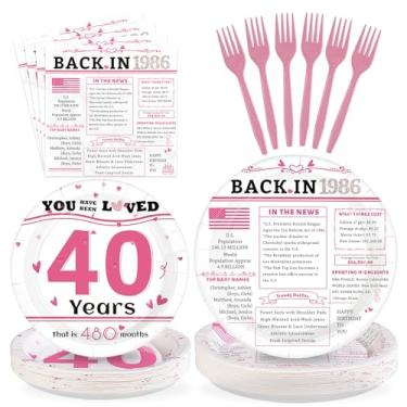 Imagem de Greencian 96 peças de artigos de festa de aniversário de 40 anos rosa vintage pôsteres e guardanapos rosa volta em 1986 conjunto de talheres de papel descartável para mulheres decoração de festa de 40