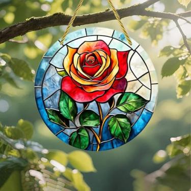 Imagem de Acrílico colorido Suncatcher, vitral rosa com folhas verdes 18 cm, decoração de parede para janela suspensa com design de vitral impresso, ideia de presente e ornamento de jardim, uso interno e