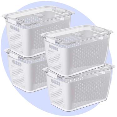 Imagem de Kit 4 Potes Herméticos Organizadores para Geladeira com Cesto – Frutas, Legumes e Carnes – Livre de BPA, Empilháveis, Laváveis na Lava-Louças | Tampa com Trava e Vedação de Borracha