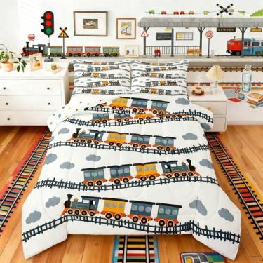 Imagem de jejeloiu Jogo de cama solteiro com desenho animado de trem a vapor, locomotiva a vapor, para crianças, meninos, meninas, decoração de quarto, microfibra, 2 peças com 1 fronha