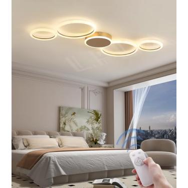 Imagem de Luminária de teto LED dimerizável preta/dourada com design moderno e criativo em formato de anel, com controle remoto, iluminação suave para os olhos, ideal para sala de estar, quarto e escr