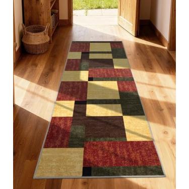 Imagem de YIHOUSE Tapete de corredor vermelho e verde 5 x 15 cm para corredor, bordô fazenda, vintage, lavável, tapete de área laranja queimado antiderrapante, tapete geométrico boho para cozinha