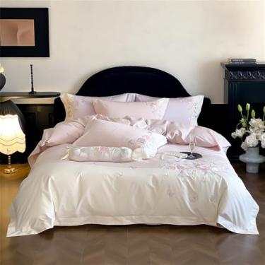 Imagem de Jogo de cama de algodão com bordado de borboletas e flores, incluindo capa de edredom, lençol de baixo, lençol de baixo com elástico e fronhas. Cor 1. Lençol de baixo com 1,5 m de largura.