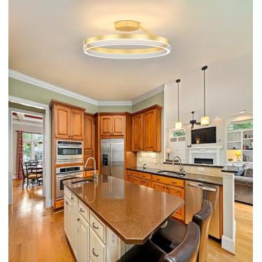 Imagem de Luminária de teto LED moderna para quarto, 50cm, redonda, preta com detalhes dourados, dimerizável, com controle remoto, econômica, três cores de luz, ideal para sala de jantar, sala de esta