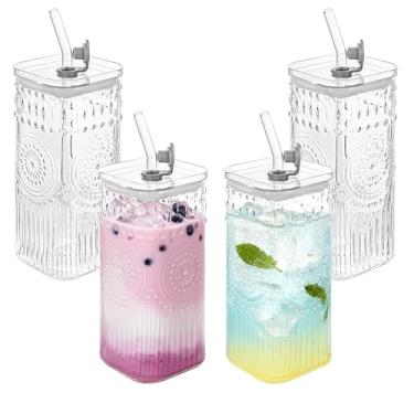 Imagem de Bandesun Copos de vidro vintage de 368 g com tampas e canudos, pacote com 4 copos de vidro quadrados para vitaminas, coquetéis, sucos, uísque, bebidas quentes/frias, xícaras de café gelado