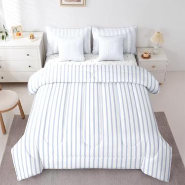 Imagem de Erosebridal Conjunto de edredom solteiro listrado azul e branco com lençóis | Conjunto de cama listrado moderno de 7 peças, geométrico, branco e azul, listrado, minimalista, conjunto de colcha de cama