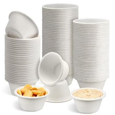 Imagem de LeonBach Pacote com 100 tigelas de fibra de bagaço natural, copos de papel descartáveis de 56,7 g, copos de servir lanches seguros para lanche, charcutaria, ramequins descartáveis para molho, porção