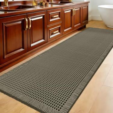 Imagem de Tapete de banheiro de waffle atualizado, 1,8 m x 5 cm, verde acinzentado, super absorvente, antiderrapante, secagem rápida, tapetes de banheiro com borlas, laváveis na máquina, ultramacios, tapetes