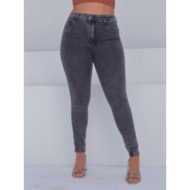 Imagem de Calça Cigarrete Feminina Jeans Marmorizada Chumbo com Cintura Alta e C