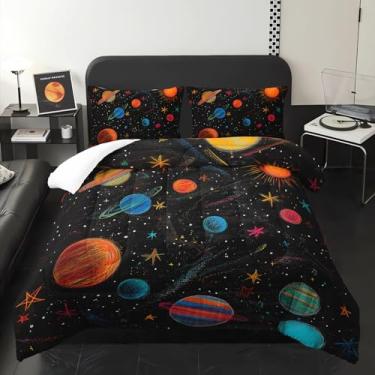 Imagem de lneffble Conjunto de edredom Queen com tema do espaço sideral, para meninos, com 1 edredom com 2 fronhas
