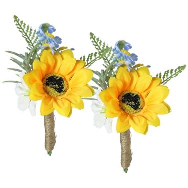 Imagem de Rinlong 2 peças de flor de girassol para homens, noivos, flores artificiais, flores amarelas, padrinhos, bailes de formatura